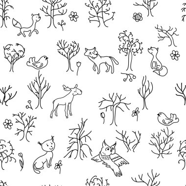 Seamless pattern with trees and animals.  Black and white. Endless texture for your design, announcements, postcards, posters.
