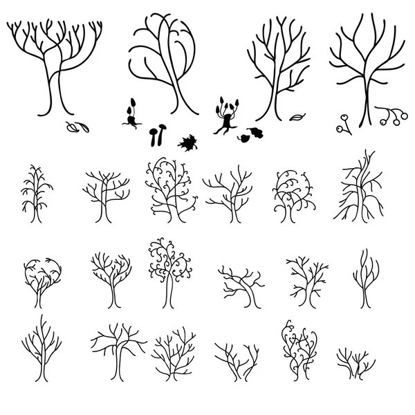 Set with different stylized forest trees. Contour. Black and white. — Stok Vektör