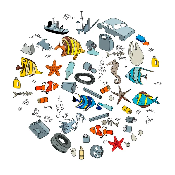 Vattenföroreningar i havet. Sopor och avfall. Eco koncept. — Stock vektor