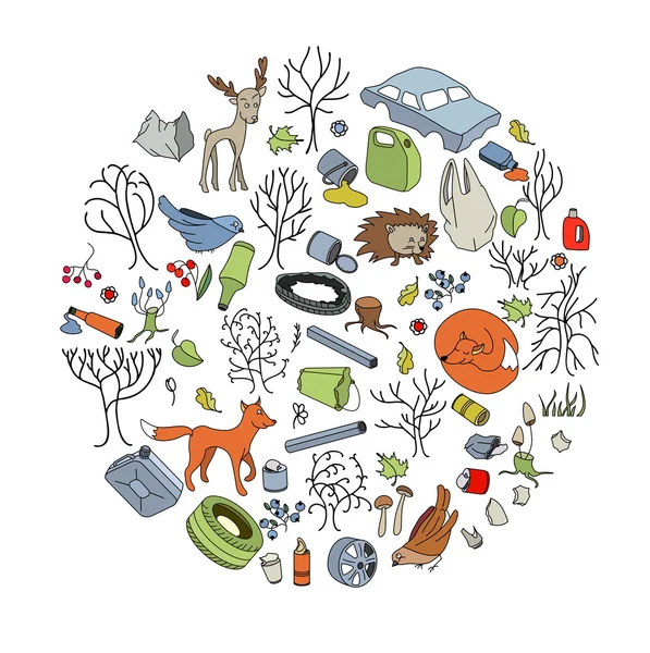 Pollution of the environment. Garbage and waste in forests, in wildlife.  Eco concept. — Stock Vector