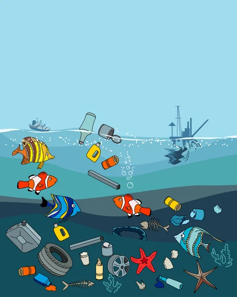 Zanieczyszczenie wód w oceanie. Śmieci i odpadów. Śmierć ryb. Koncepcja Eco. — Wektor stockowy