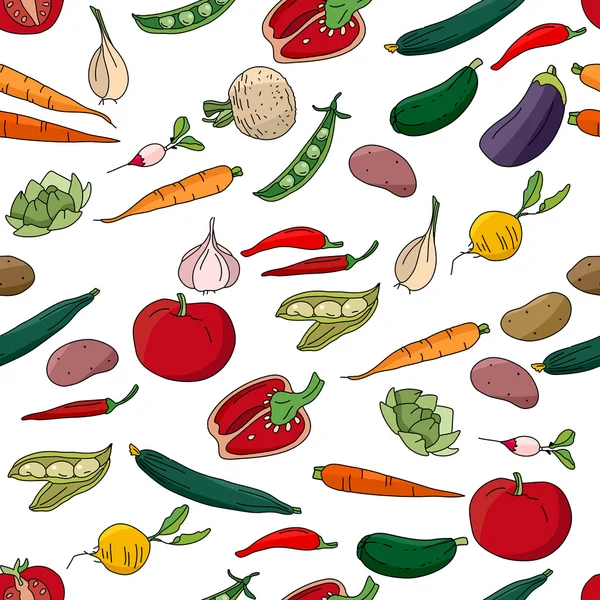 Wzór z różnych warzyw świeżych. Niekończące się tekstury dla projektowania, ogłoszenia, pocztówki, plakaty. — Wektor stockowy