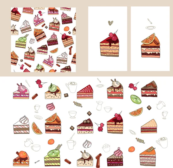 Ensemble avec différentes tranches de gâteau aux fruits. Goût et couleur différents . — Image vectorielle