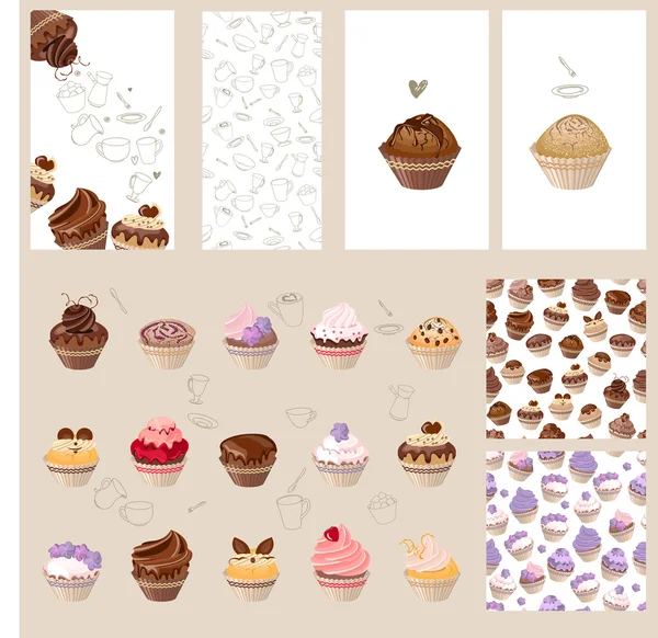 Detailliertes Set mit verschiedenen Muffins. Geburtstagstorte — Stockvektor