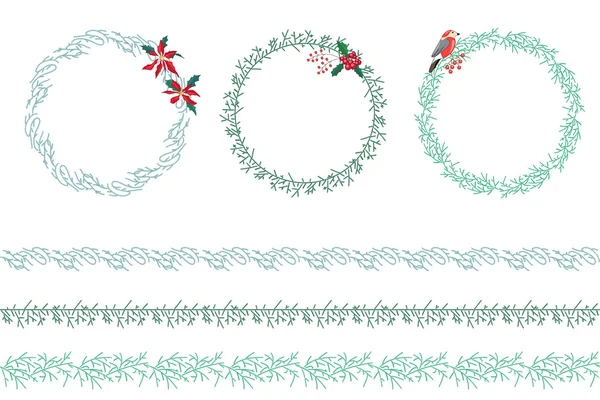 Set of Christmas wreathes isolated on white. Endless horizontal pattern brushes. For festive design, announcements, postcards, posters. — Stock Vector