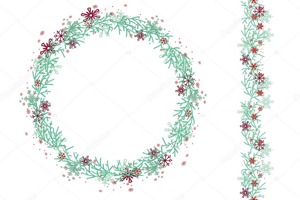 Round Christmas wreath  isolated on white. Endless vertical pattern brush. For festive design, announcements, postcards, posters.