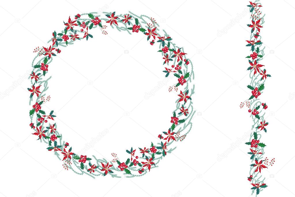 Round Christmas wreath with poinsettia isolated on white. Endless vertical pattern brush. For Christmas design, announcements, postcards, posters.