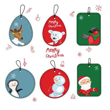 Set with different Christmas labels on white
