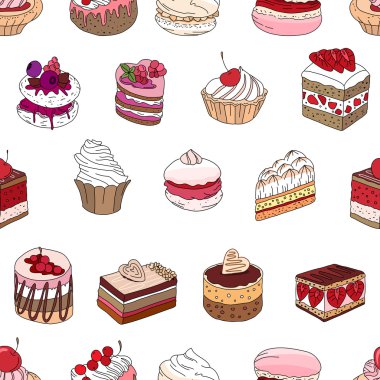Seamless pattern wit different kinds of dessert. Endless texture for your design, announcements, postcards, posters, restaurant menu.