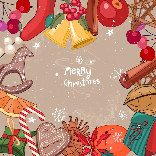 Square festive frame with fruits, cookies, berries and Christmas objects.  For season design, announcements, postcards, posters. — Wektor stockowy