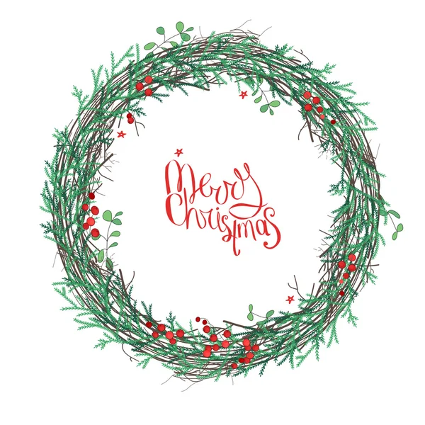 Round Christmas wreath with mistletoe branches isolated on white. For festive design, announcements, postcards, invitations, posters. — Stock Vector