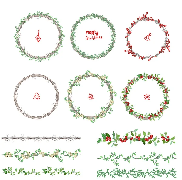 Round Christmas wreathes. Endless pattern brushes. — Stock Vector