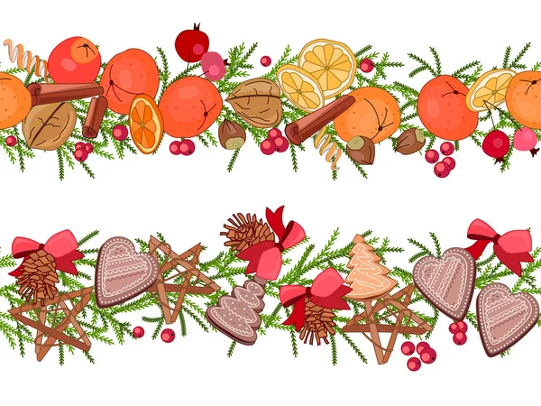 Christmas festive garlands with fruits, cookies, berries isolated on white. Seamless pattern brush.  For season design, announcements, postcards, posters. — ストックベクタ