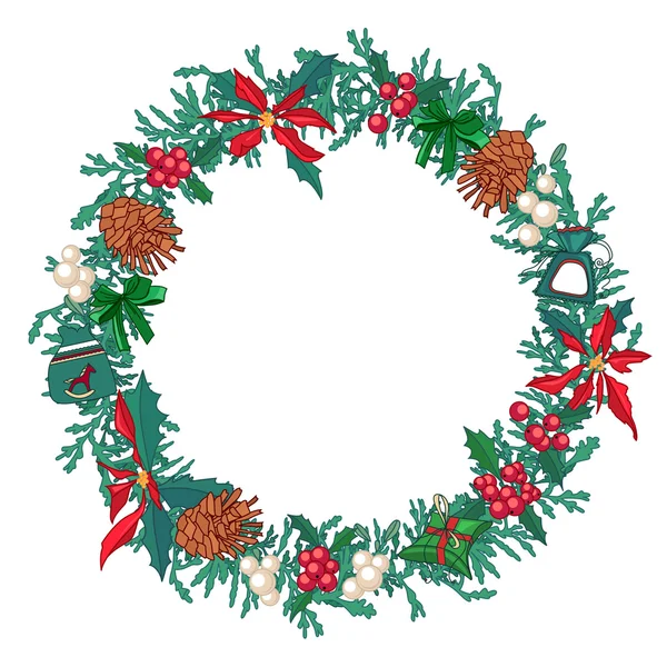 圆的圣诞花环与冷杉球果和礼品盒上白色孤立。为节日设计、 公告、 明信片、 海报. — 图库矢量图片