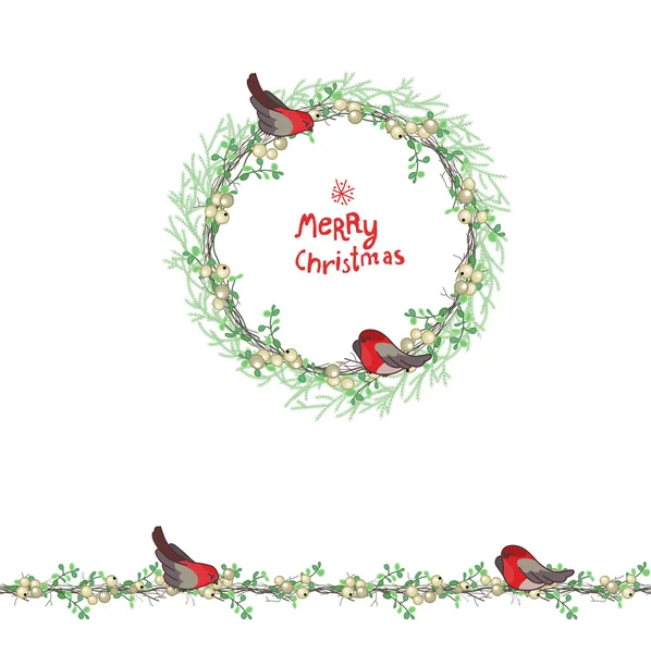 Christmas template with bullfinches and white beries. Round frame with fir branches — ストックベクタ