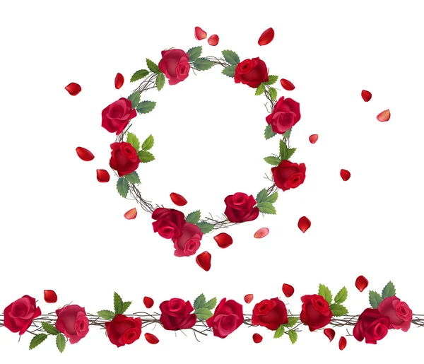 Blossoming branch of red roses. Endless patttern brush, round garland. — Stockvector