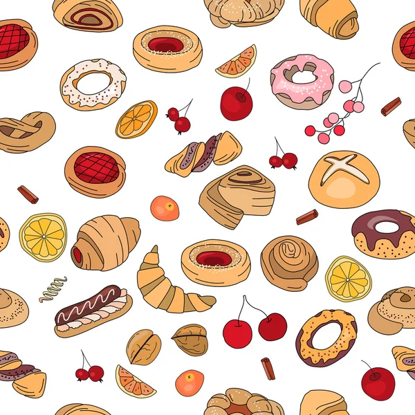 Seamless pattern with different  pastry. Different taste and color. — ストックベクタ