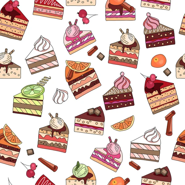 Seamless pattern with fruit cake slices. Different taste and color. — Stock vektor