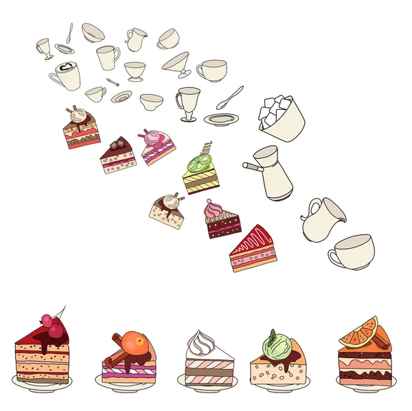 Different slises of cakes and dishes on white. — 스톡 벡터