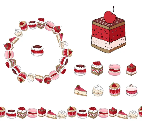 Set with different kinds of dessert. Round frame,garland and objects on white. For your design, announcements, postcards, posters, restaurant menu. — 스톡 벡터