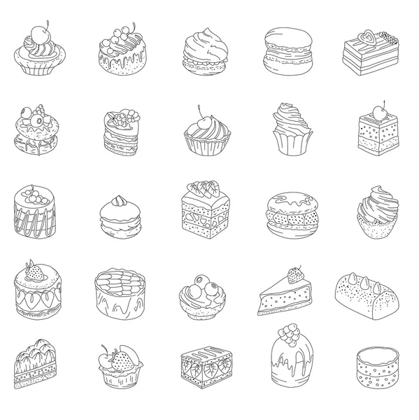 Set with different kinds of dessert: cake, muffin, macaroon, pie. Contour, outline, monochrome. For your design, announcements, postcards, posters, restaurant menu. — Stok Vektör