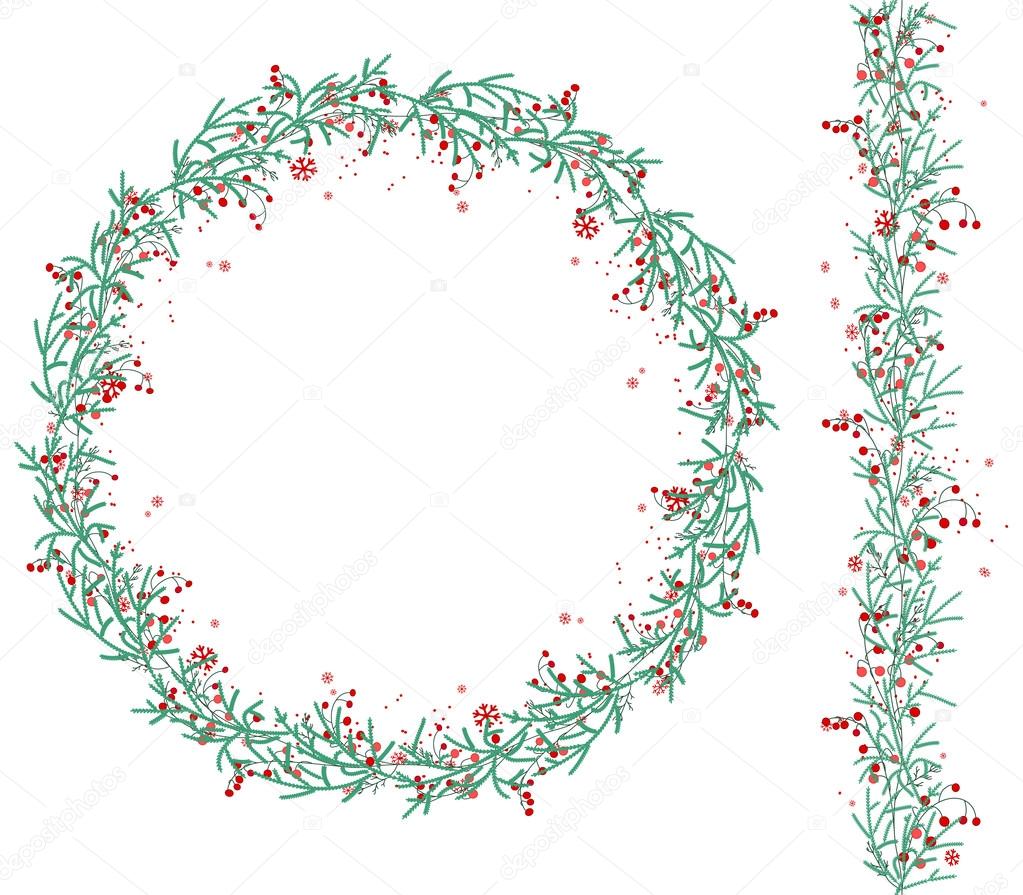 Round Christmas wreath with snow and fir branches isolated on white. Endless vertical pattern brush. For festive design, announcements, postcards, posters.