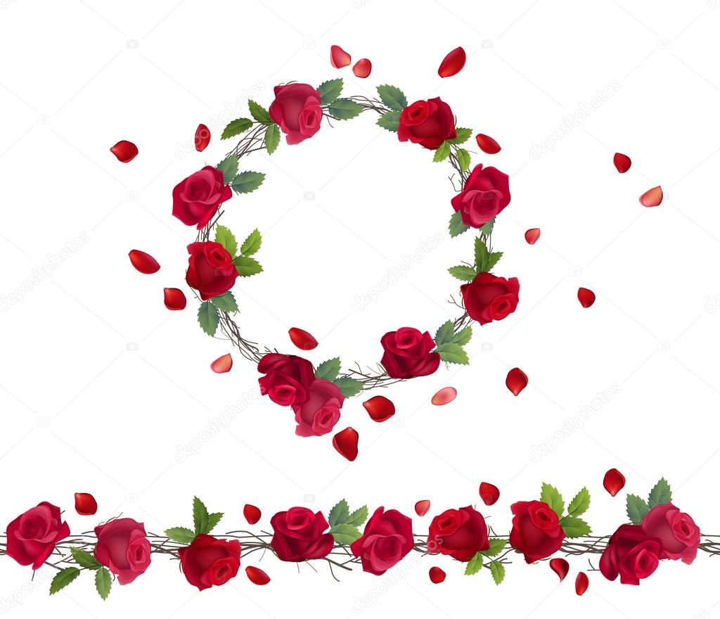 Blossoming branch of red roses. Endless patttern brush, round garland.