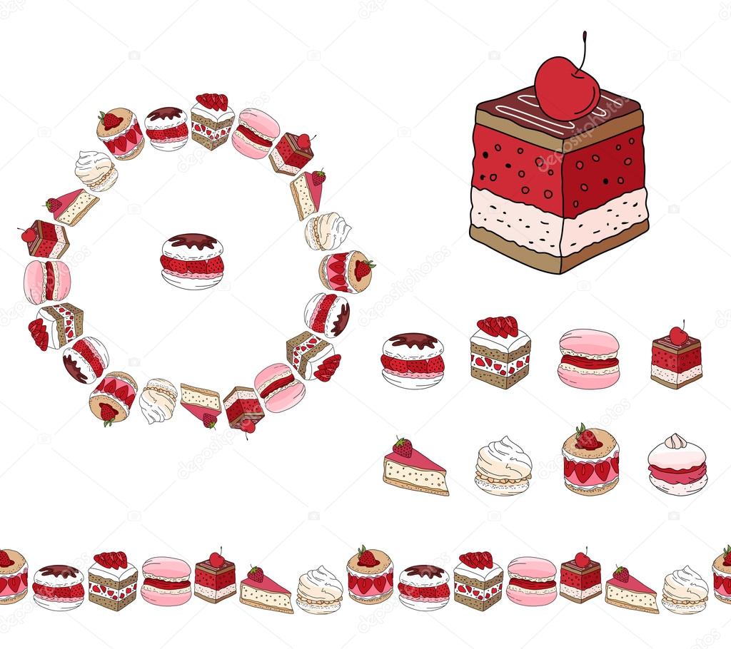 Set with different kinds of dessert. Round frame,garland and objects on white. For your design, announcements, postcards, posters, restaurant menu.