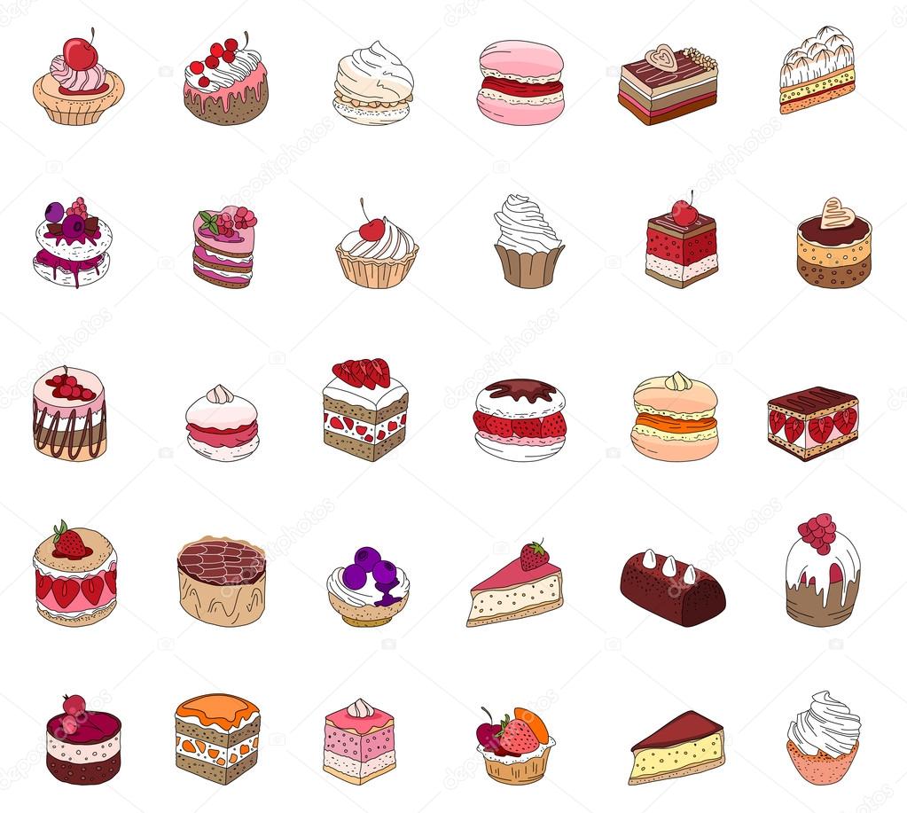 Set with different kinds of dessert: cake, muffin, macaroon, pie. For your design, announcements, postcards, posters, restaurant menu.