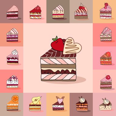 Template with different kinds of cake slices. Delishious desserts, various taste. For restaurant design, posters, announcements, cafe menu etc.