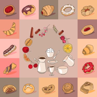 Template with different kinds of pastry. Sweet desserts, various taste. For restaurant design, posters, announcements, cafe menu etc.