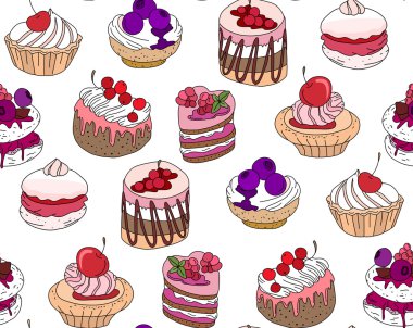 Seamless pattern wit different kinds of dessert. Endless texture for your design, announcements, postcards, posters, restaurant menu.