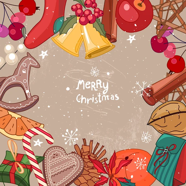 Square festive frame with fruits, cookies, berries and Christmas objects.  For season design, announcements, postcards, posters. — Stock vektor