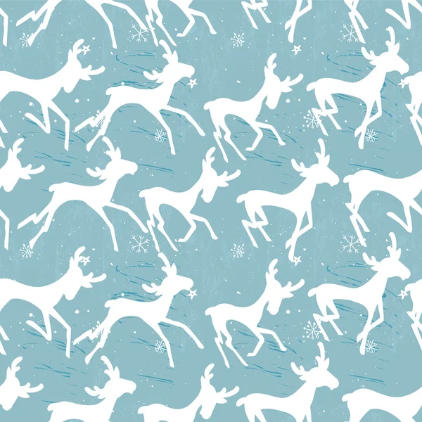 Nahtloses blaues Muster mit galoppierenden Hirschen. für festliches Design, Ankündigungen, Grußkarten, Postkarten, Poster. — Stockvektor