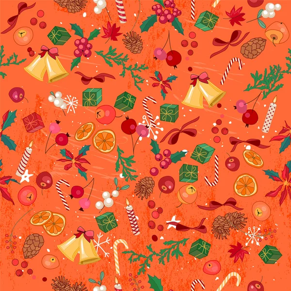 Seamless bright orange pattern with traditional Christmas elements. For festive design, announcements, greeting cards, postcards, posters. — 图库矢量图片