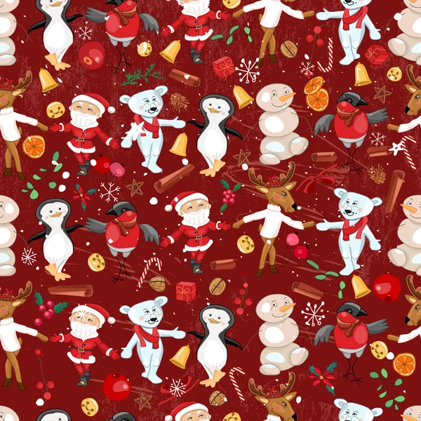 Modèle vintage rouge foncé sans couture avec des personnages de Noël festifs . — Image vectorielle