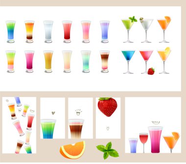 Set with different kinds of drinks - cocktails, wine, juice, beer,water. Objects isolated on white. For your design, announcements, cards, posters, restaurant menu.