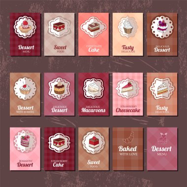 Templates with different kinds of dessert. cake, muffin, macaroon, pie. For your design, announcements, postcards, posters, restaurant menu.