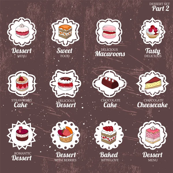 Ensemble avec différents types de dessert.cake, muffin, macaron, tarte. Style vintage. Pour votre design, annonces, cartes postales, affiches, menu restaurant . — Image vectorielle