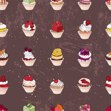 Seamless pattern with fruit cupcakes. Different taste and color.