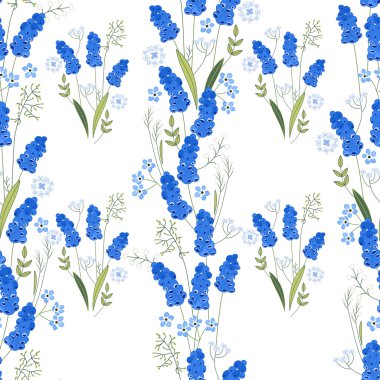 Stilize sevimli mavi muscari ile Seamless modeli. Tasarım, tebrik kartları, Duyurular, posterler için sonsuz doku.