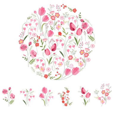 Stylized round template with cute bunches of tulips. Floral spring pattern for romantic and easter design, wedding announcements, greeting cards, posters, advertisement.