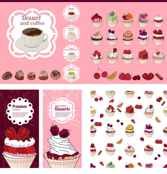 Sjabloon met verschillende desserts met fruit. Voor uw ontwerp, aankondigingen, posters, restaurant menu. — Stockvector