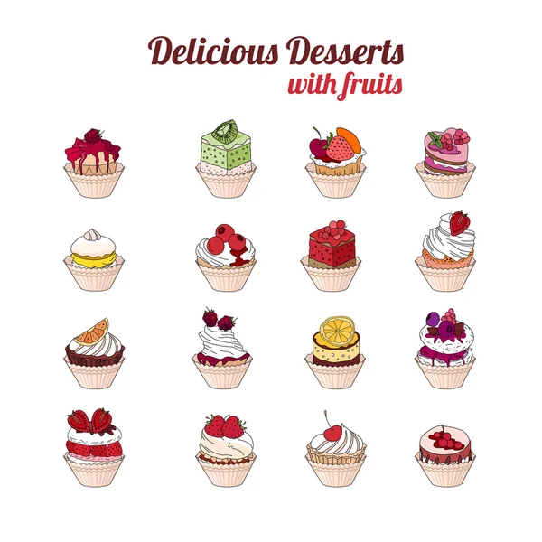 Set with different desserts with fruits. For your design, announcements, posters, restaurant menu. — 스톡 벡터