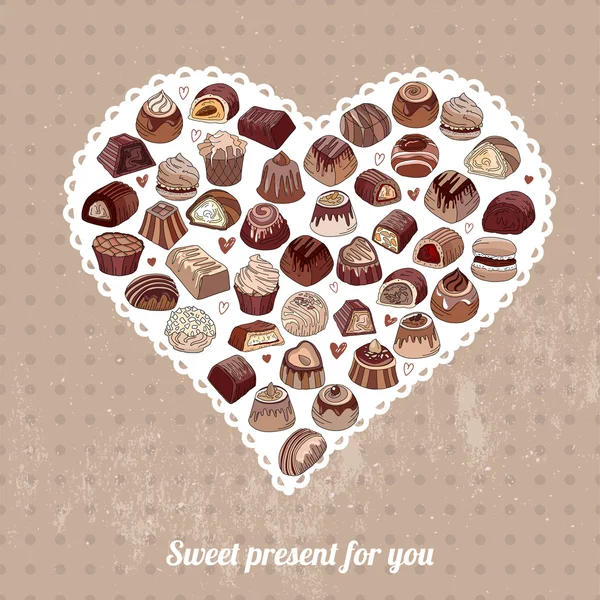 Symbol Heart made of different chocolate candies. Dark, milk, white chocolate. For your design, announcements, postcards, posters, restaurant menu. — Stockový vektor