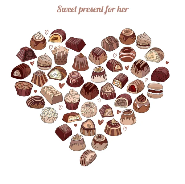 Символ Сердце из разных шоколадных конфет. Темный, молочный, белый шоколад. Для вашего дизайна, объявлений, открыток, плакатов, ресторанного меню . — стоковый вектор