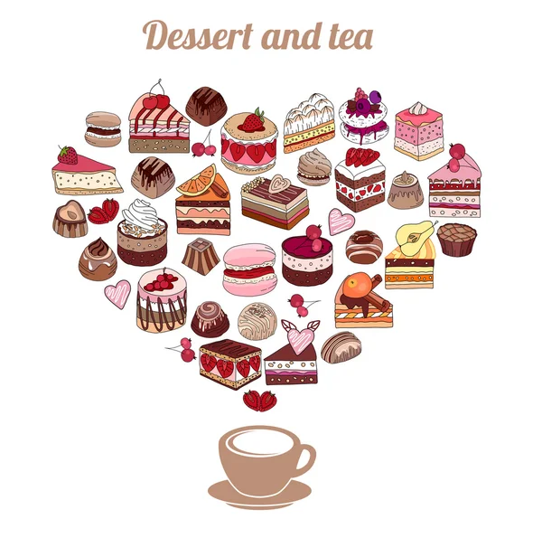 Symbol Heart made of different desserts. Cake, muffin, macaroon, pie, candy. For your design, announcements, postcards, posters, restaurant menu. — Stock Vector
