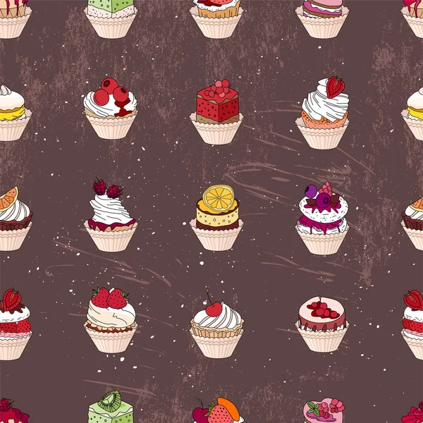 Seamless pattern with fruit cupcakes. Different taste and color. — Stock vektor