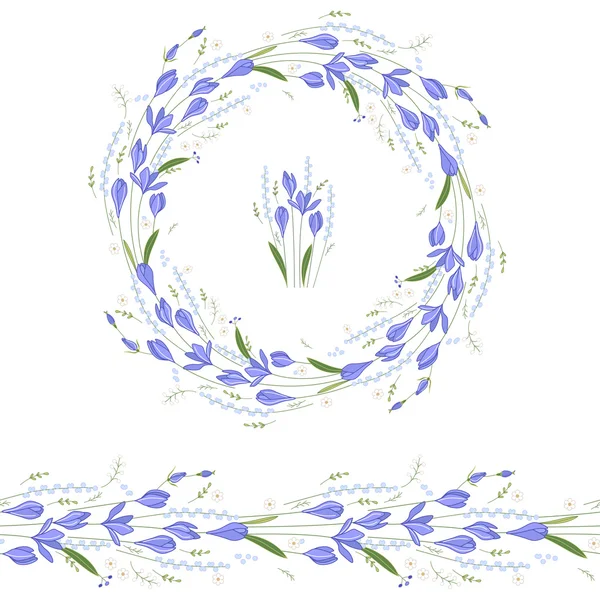 Floraler Rundkranz und endlose Musterbürste aus blauen Krokussen. Blumen für Romantik und Osterdesign, Dekoration, Grußkarten, Poster, Werbung. — Stockvektor