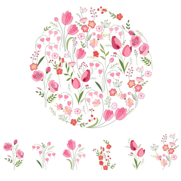 Stylized round template with cute bunches of tulips. Floral spring pattern for romantic and easter design, wedding announcements, greeting cards, posters, advertisement. — 图库矢量图片